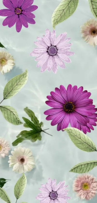 Mobile wallpaper with purple flowers and green leaves on a pale green background.