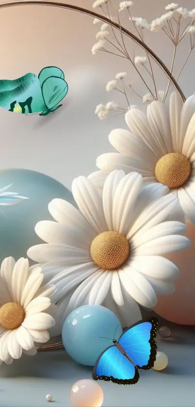 Elegant wallpaper with daisies and butterflies in soft pastel colors.