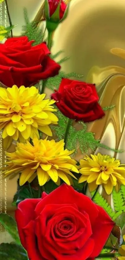 Red roses and yellow daisies with a gold background.