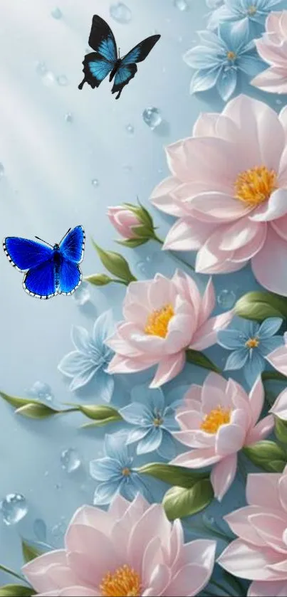 Floral wallpaper with butterflies and dew drops on pastels.