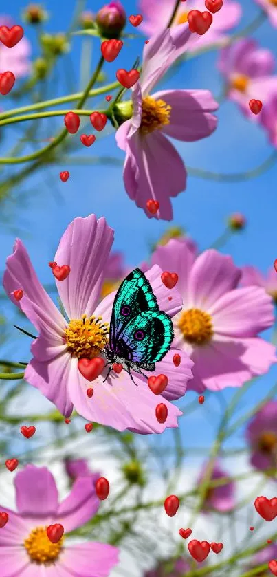 Vibrant butterfly on pink flowers with red hearts.