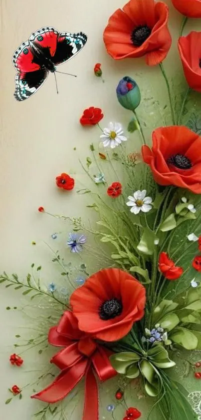 Floral wallpaper with red poppies and a butterfly on leaves.