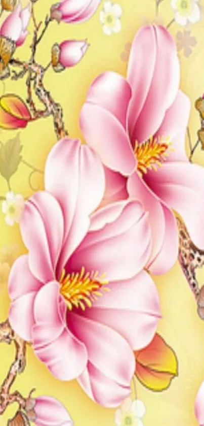 Pink blossoms on a yellow background, perfect for mobile wallpapers.