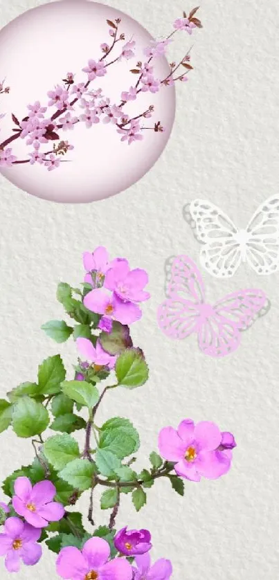 Mobile wallpaper with pink flowers and butterflies on a light background.