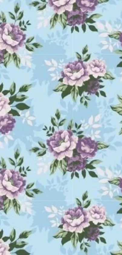 Elegant floral wallpaper with purple flowers on a light blue background.