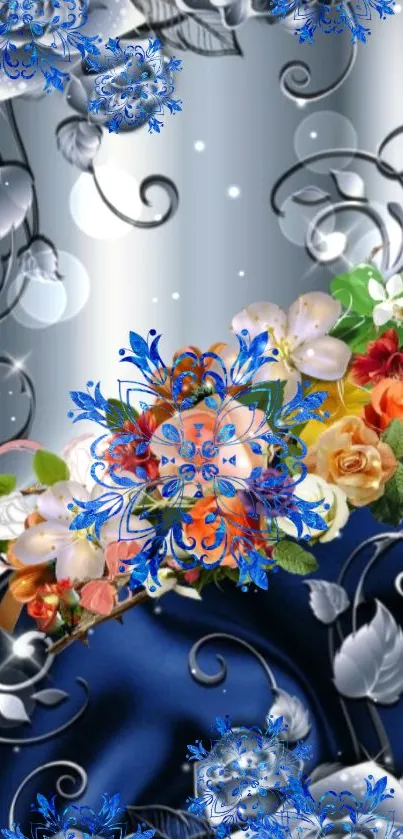 Vibrant floral wallpaper with blue and colorful designs, perfect for your phone.