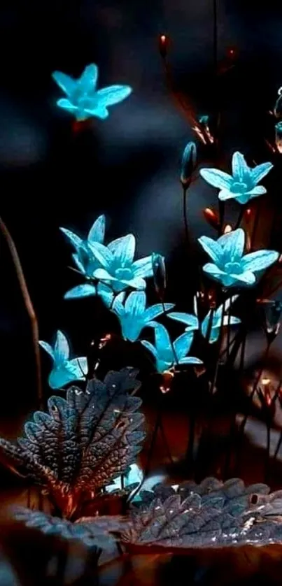 Vibrant glowing blue flowers against a dark background for mobile wallpaper.