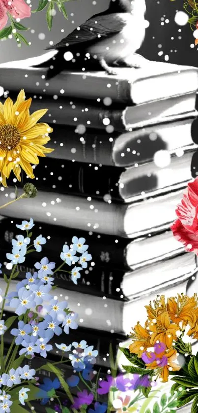 Floral and book-themed mobile wallpaper with a bird perched on books.