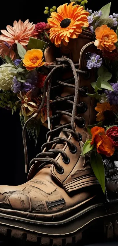 A rugged boot filled with colorful flowers on a black background.