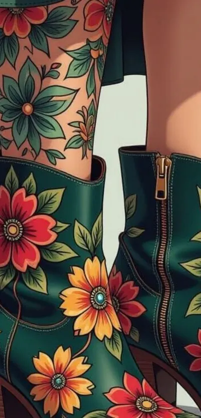 Illustrated floral boots with tattoo art.