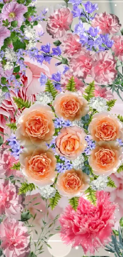 Delicate floral bouquet with pink and orange flowers on a light pink background.