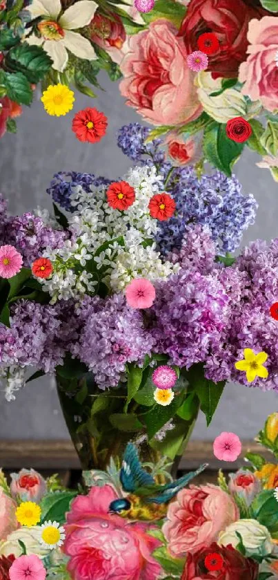 A vibrant wallpaper with a bouquet of roses and lilacs surrounded by colorful flowers.