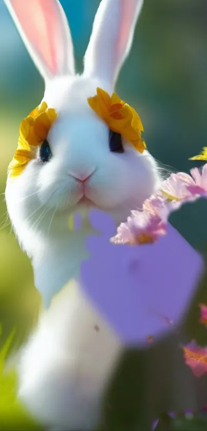 Adorable white bunny with yellow flower adornments in a vibrant floral scene.