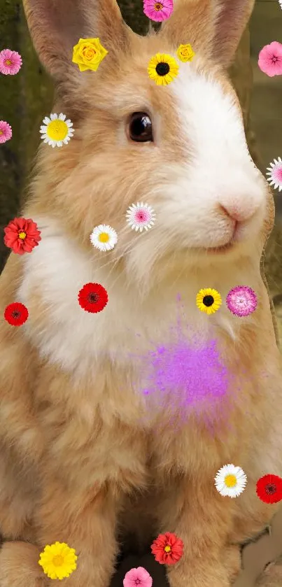 Adorable bunny with colorful flowers on its fur.