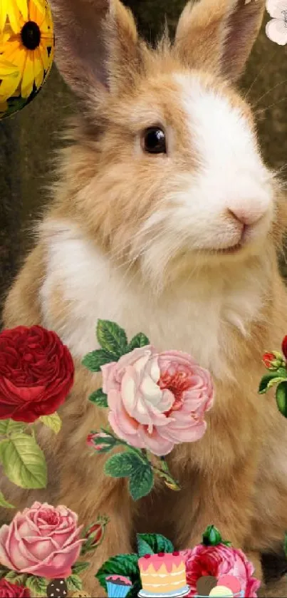 Adorable bunny surrounded by colorful flowers.