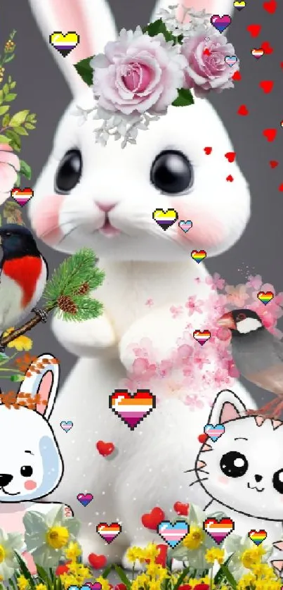 Adorable bunny with flowers and heart accents wallpaper.