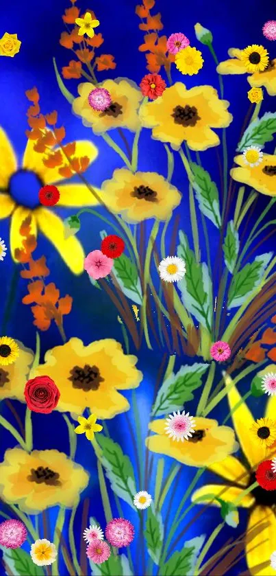 Colorful floral wallpaper with blue background and vibrant flowers.