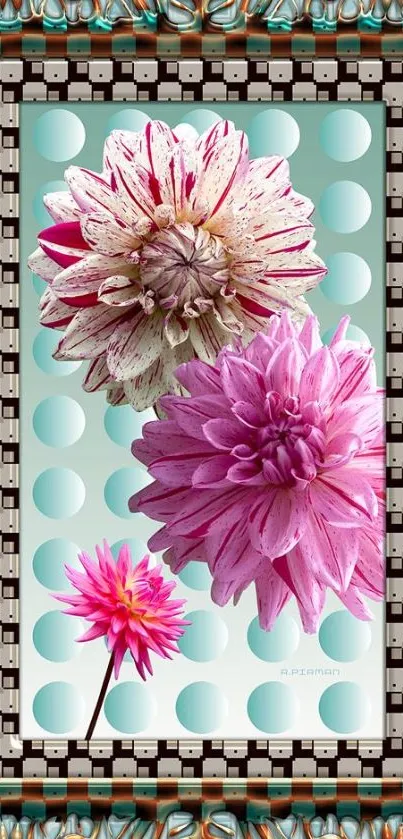 Decorative phone wallpaper featuring pink dahlias on a teal polka dot background.