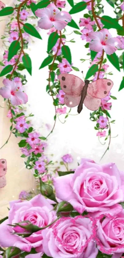 Mobile wallpaper with pink roses and butterflies.