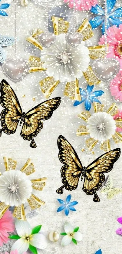 Elegant mobile wallpaper with butterflies and flowers in vibrant colors.