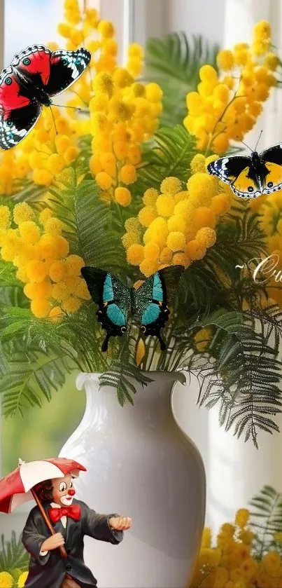 Beautiful floral wallpaper with butterflies and yellow flowers in a vase.