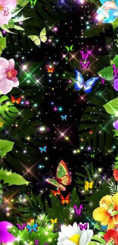 Colorful floral wallpaper with butterflies and foliage.