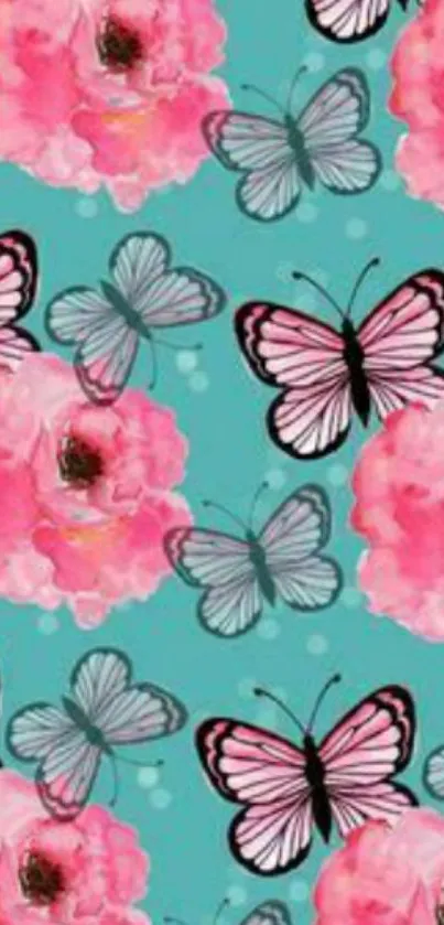 Pink roses and butterflies on teal wallpaper.