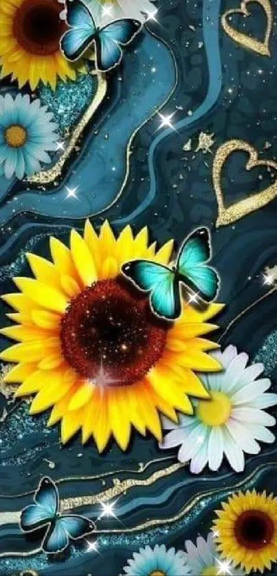 Vibrant floral and butterfly wallpaper with sunflowers.