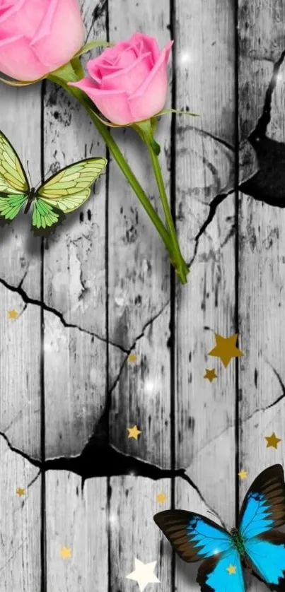 Mobile wallpaper with roses and butterflies on wooden background.