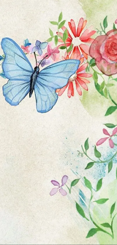 Watercolor art with butterfly and flowers on a mobile wallpaper.