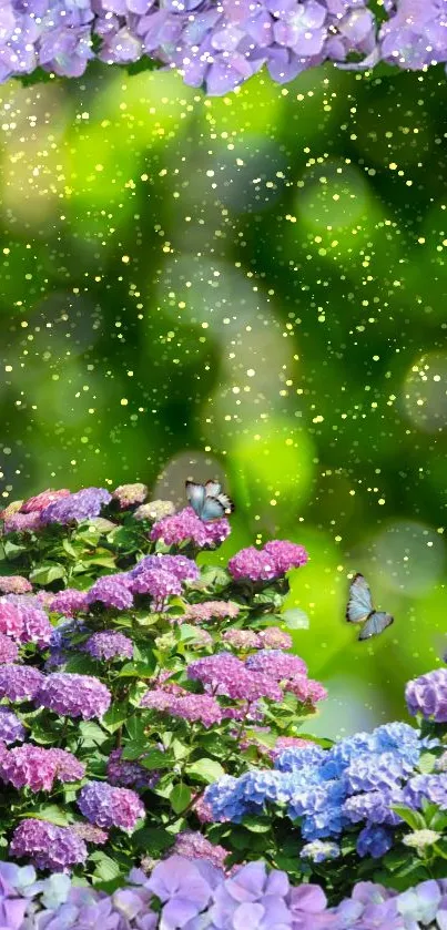 Hydrangeas and butterflies with a green bokeh backdrop.