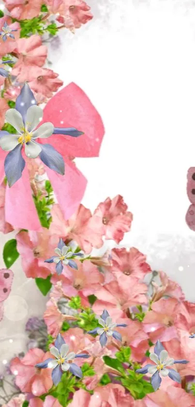 Mobile wallpaper with pink flowers and butterflies in a whimsical design.