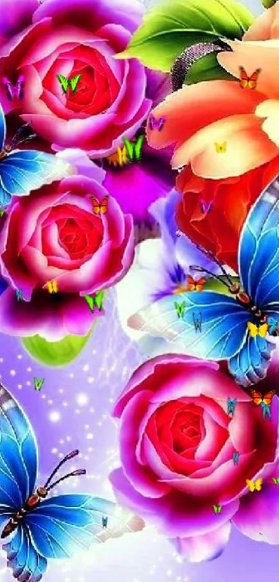 Colorful butterflies and roses mobile wallpaper in a vibrant floral design.