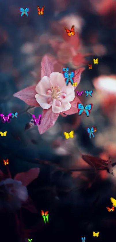 Dark blue wallpaper with pink flowers and colorful butterflies.