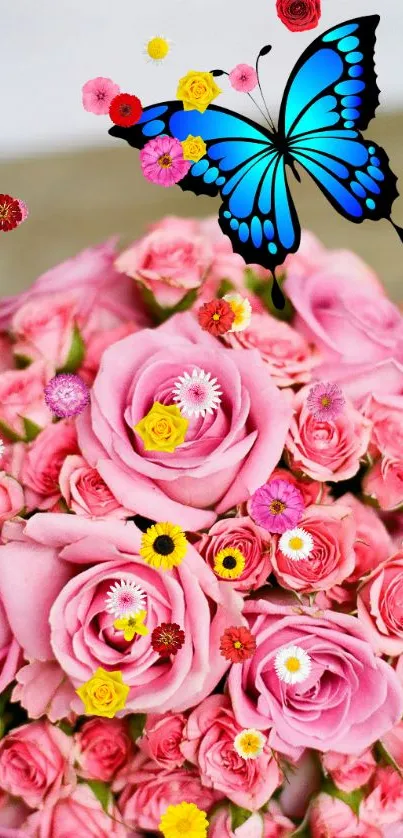 Pink roses with blue butterfly and colorful flowers.