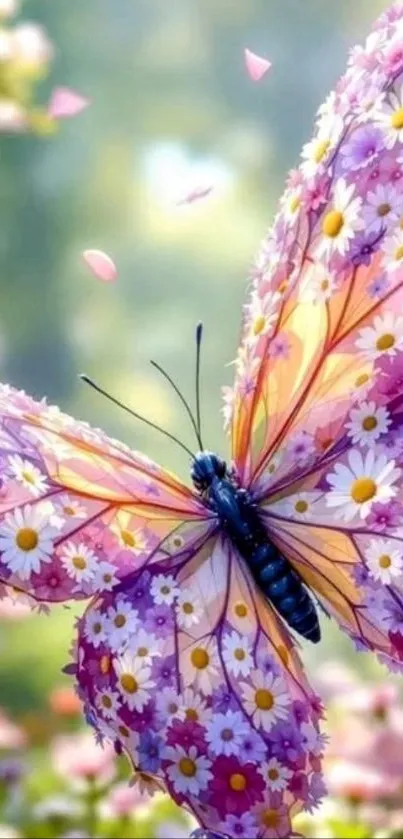 A colorful butterfly with floral patterns on its wings.