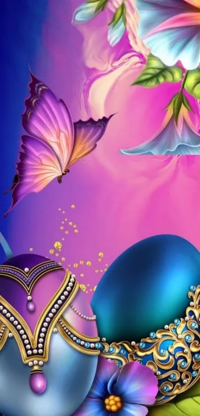 Colorful floral and butterfly wallpaper with jeweled eggs.