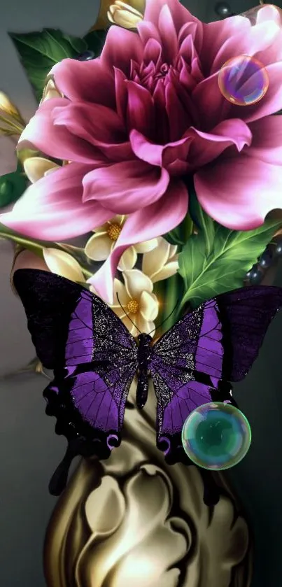 Elegant wallpaper with purple butterfly and floral bouquet.