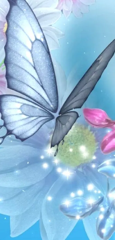 Enchanting wallpaper with vibrant flowers and a mystical butterfly on a serene blue background.