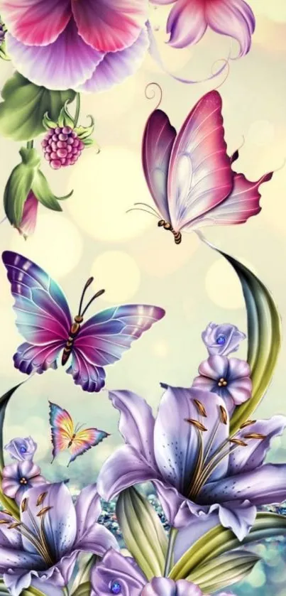 Lavender floral wallpaper with butterflies and bokeh effect.