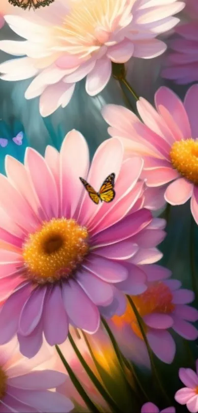 Vibrant pink daisies with butterflies adorn this mobile wallpaper.