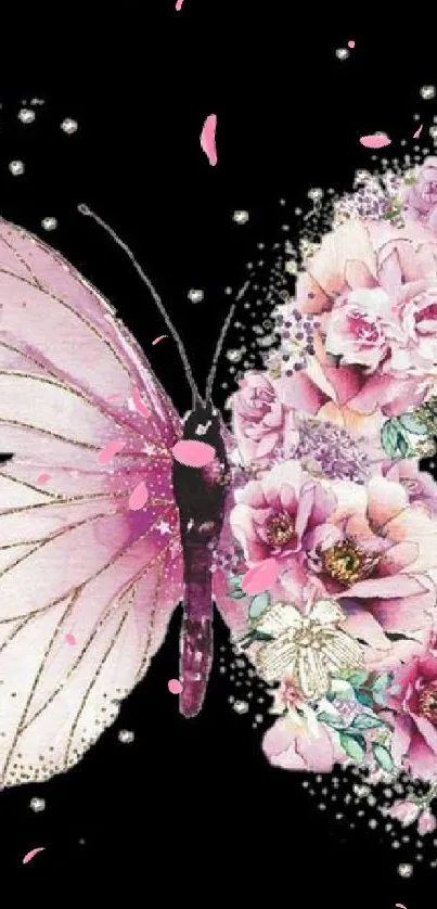 Pink and floral butterfly on a dark background.