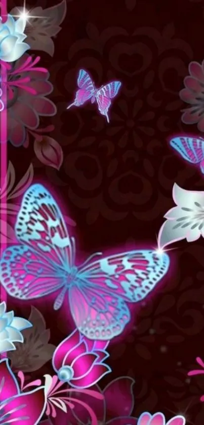 Vivid butterfly and floral wallpaper with maroon background.