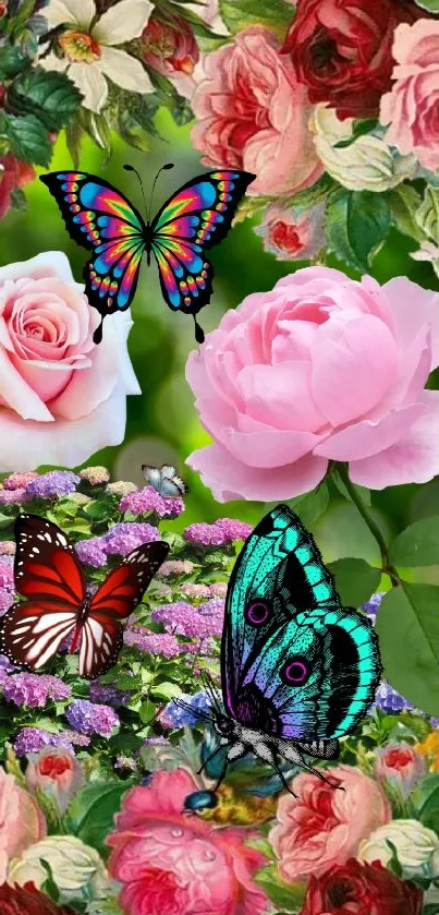 Colorful butterfly and flower wallpaper with vibrant roses and lush greenery.