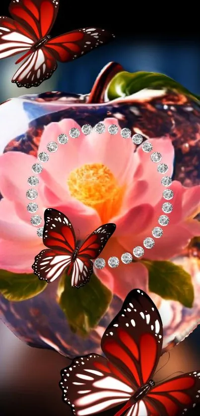 Glass orb with flower and butterflies.