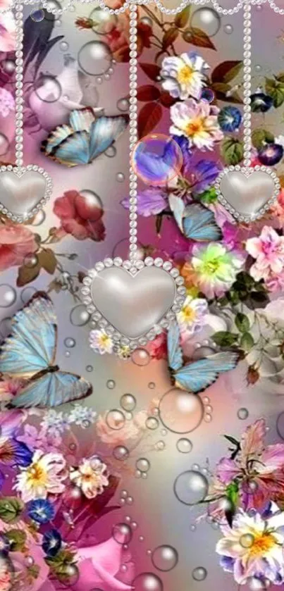 Colorful floral wallpaper with butterflies and pearl hearts.