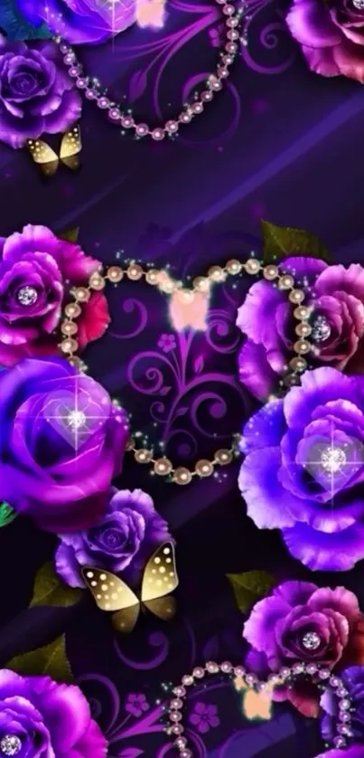 Purple roses and butterflies adorn heart shapes on a dark wallpaper.