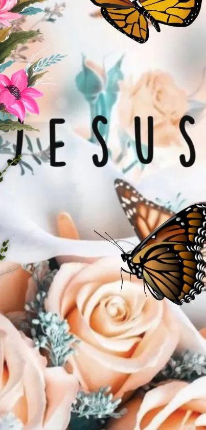 Peach floral and butterfly Jesus-themed wallpaper.