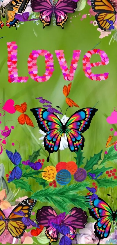 Colorful butterfly wallpaper with floral love design on green background.