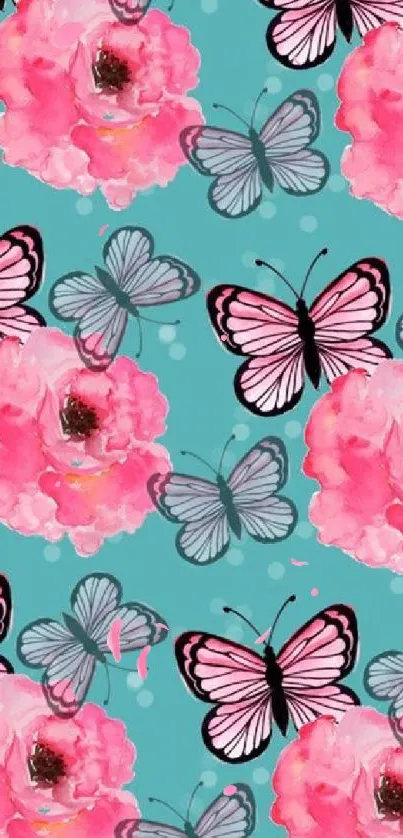 Turquoise background with pink flowers and butterflies pattern.